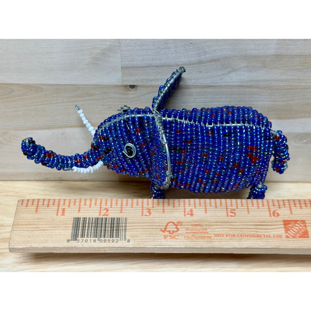 Handmade Beaded Wire Elephant Figurine Blue Folk Art Animal Sculpture 4x6 - Picture 4 of 5